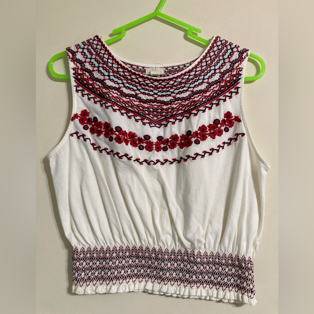 Anthropologie White Embroidered Tank Top Crop Top Red and Black Detailing